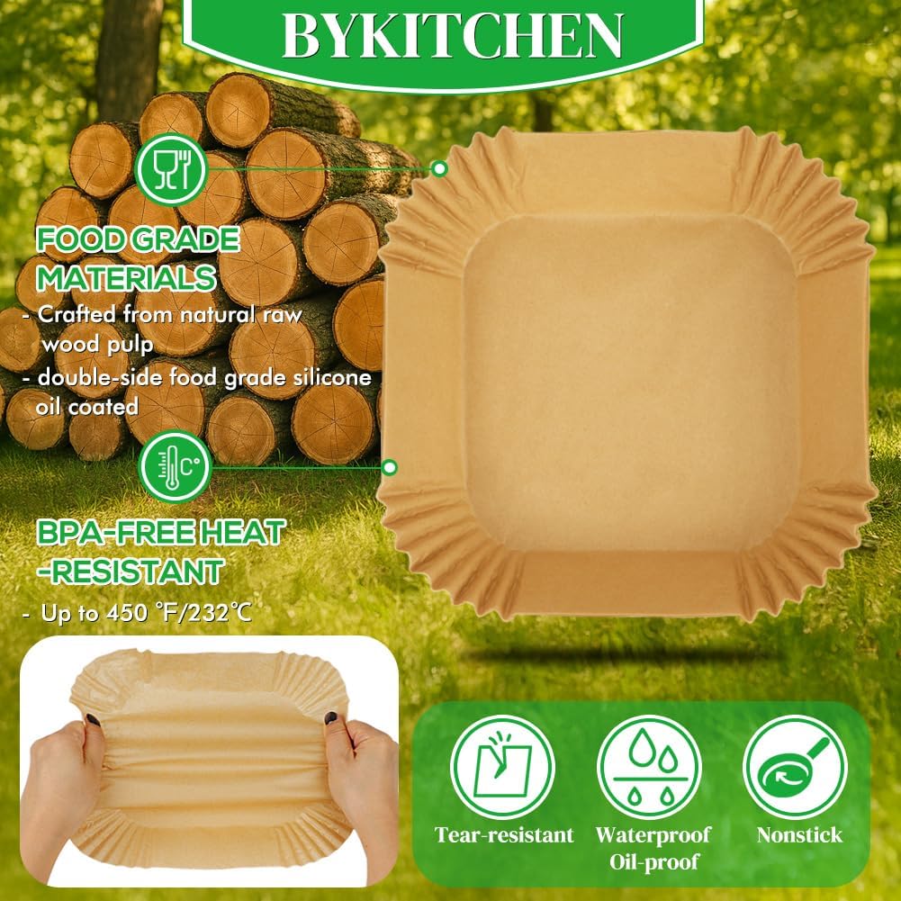 BYKITCHEN 100 Stück Airfryer Backpapier für Philips 6.2L/COSORI 5.5L,6L,6.2L, 20cm-24cm, Heissluftfr
