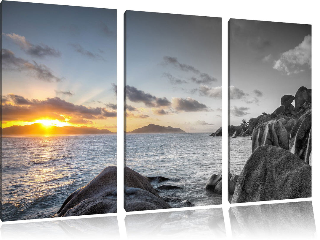 Pixxprint Sonnenuntergang Seychellen als Leinwandbild | Grösse: 3 Teilig (120x80) | Wandbild| Kunstd