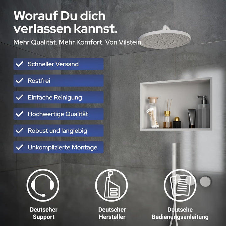 VILSTEIN Wandnische Dusche 30x90 cm [ROSTFREI] - Randlose Nische - Wandnische Weiss - Einbauregal fü