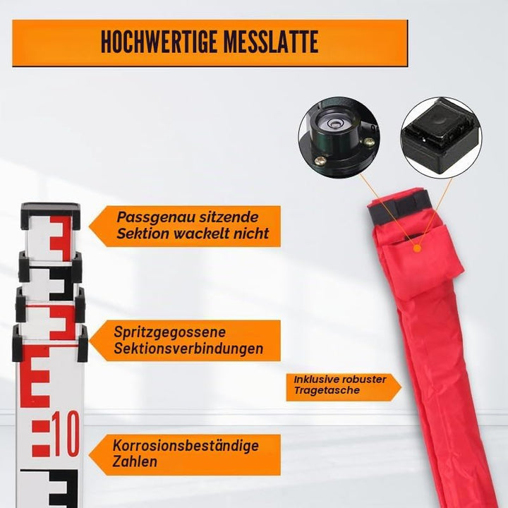 GEOLENI Nivellier Messlatte, Aluminium Nivellierlatte, Teleskop Nivellierlatte, 4m Länge in 5 Segmen