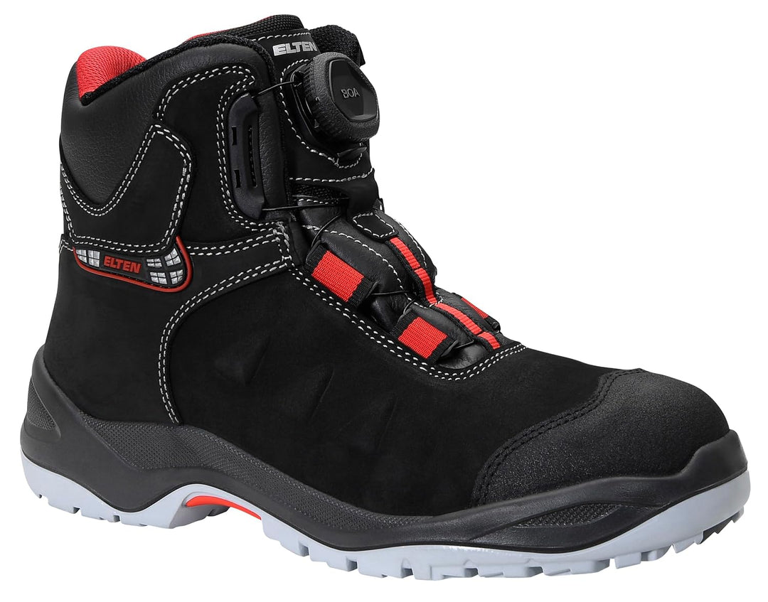 ELTEN Sicherheitsschuhe TILL BOA Mid ESD S3, Herren, Leder, Stahlkappe, leicht, robust, Schwarz/Rot,