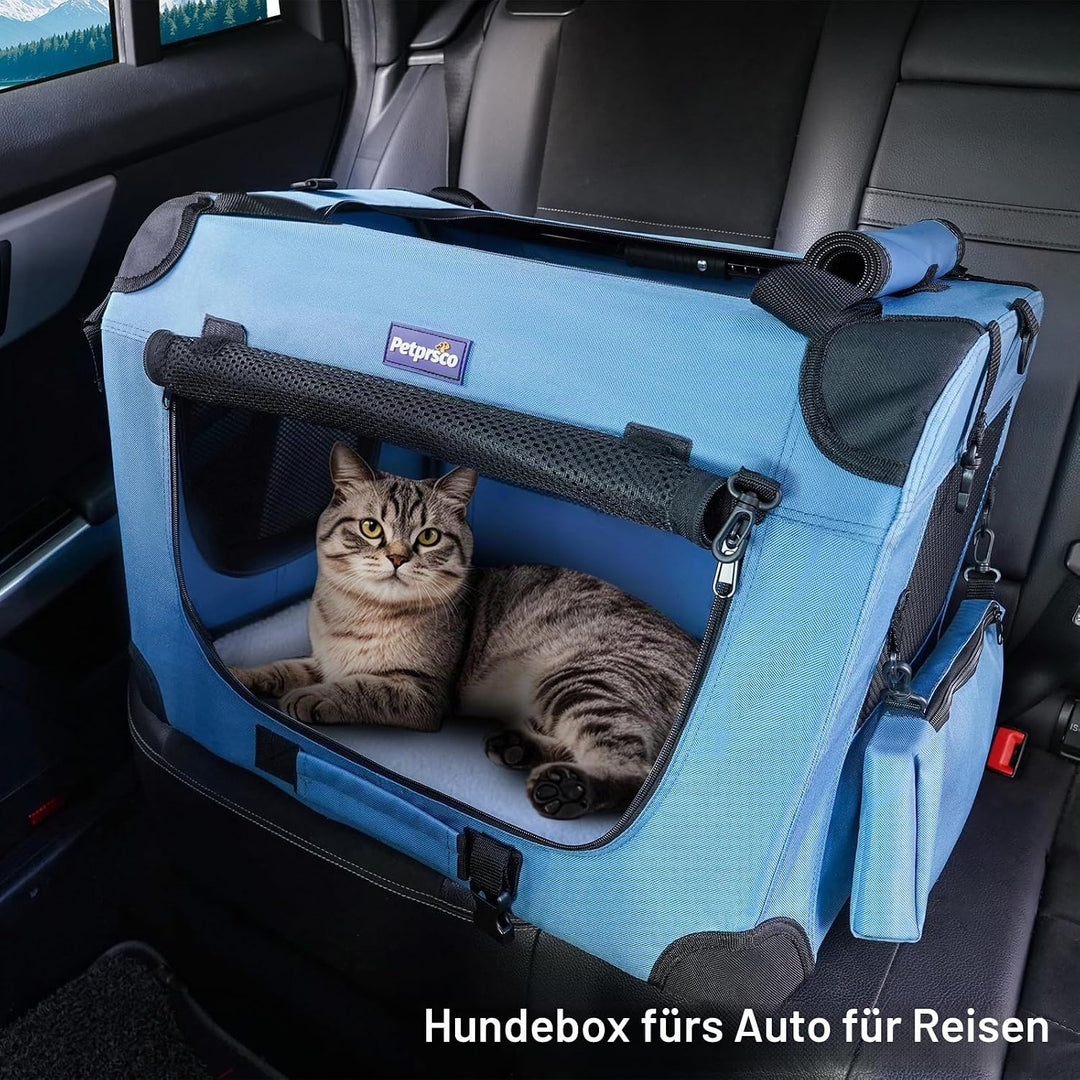 Petprsco Transportbox für Haustiere, weiche Seiten, für Katzen, kleine Hunde, 3-türig, weich, faltba
