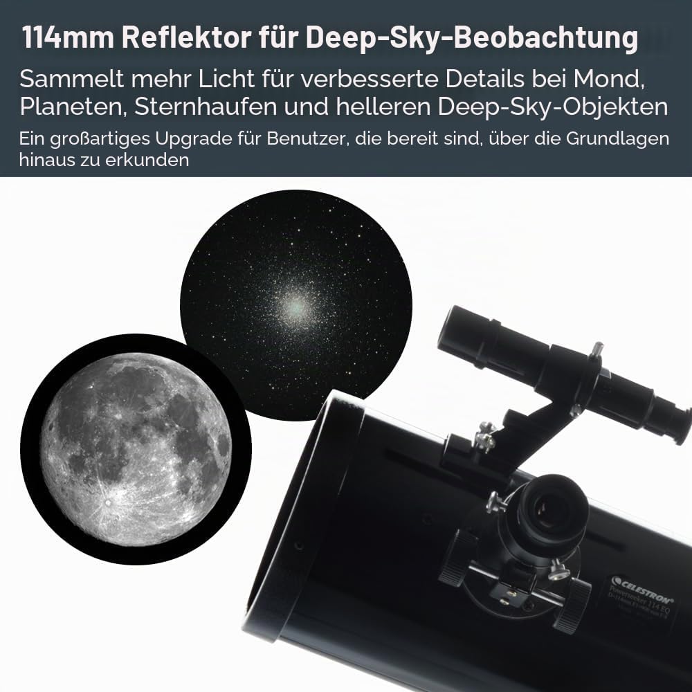 Celestron 21045 PowerSeeker 114EQ Spiegelteleskop - mit Zwei Okularen, Einer Barlow-Linse, höheneins