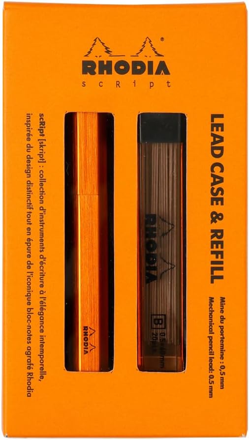 Rhodia 9357C - Etui & Ersatzminen 0,5 mm zum Nachfüllen, für Druckbleistifte Rhodia scRipt, Orange