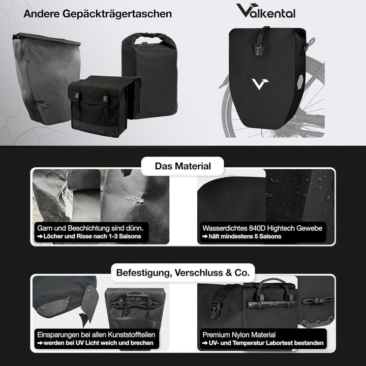 Valkental - Grosse &amp; wasserdichte Gepäckträgertasche - 20L Füllvolumen - Fahrradtasche für Gepäckträ