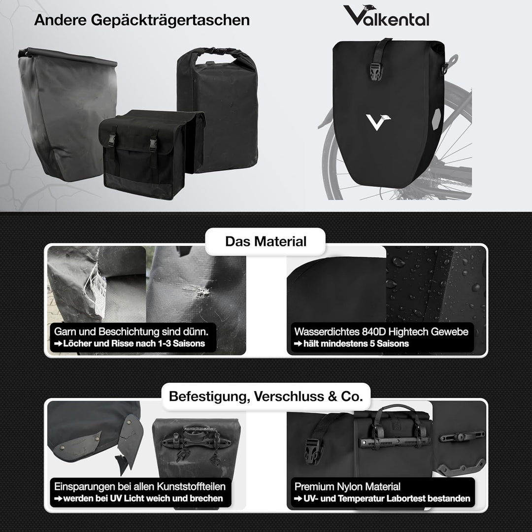 Valkental - Grosse &amp; wasserdichte Gepäckträgertasche - 20L Füllvolumen - Fahrradtasche für Gepäckträ
