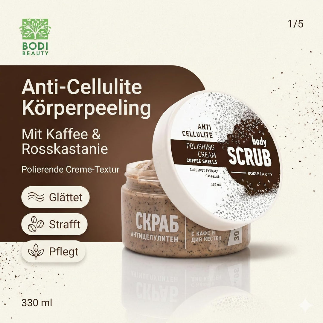 Anti-Cellulite Kaffee-Peeling & Body Scrub 330 ml – Koffein, Kaffeepartikel, Shea & Traubenkernöl, V