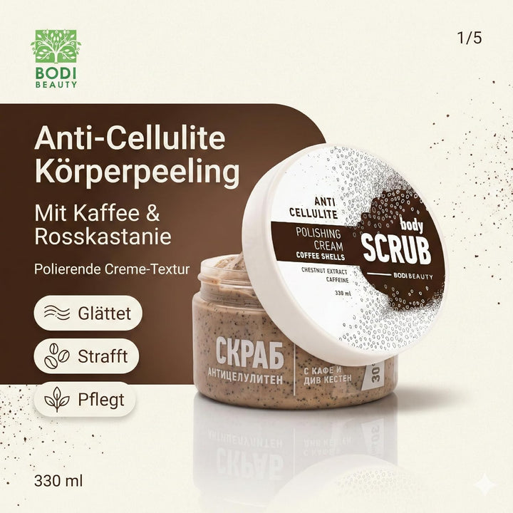 Anti-Cellulite Kaffee-Peeling & Body Scrub 330 ml – Koffein, Kaffeepartikel, Shea & Traubenkernöl, V