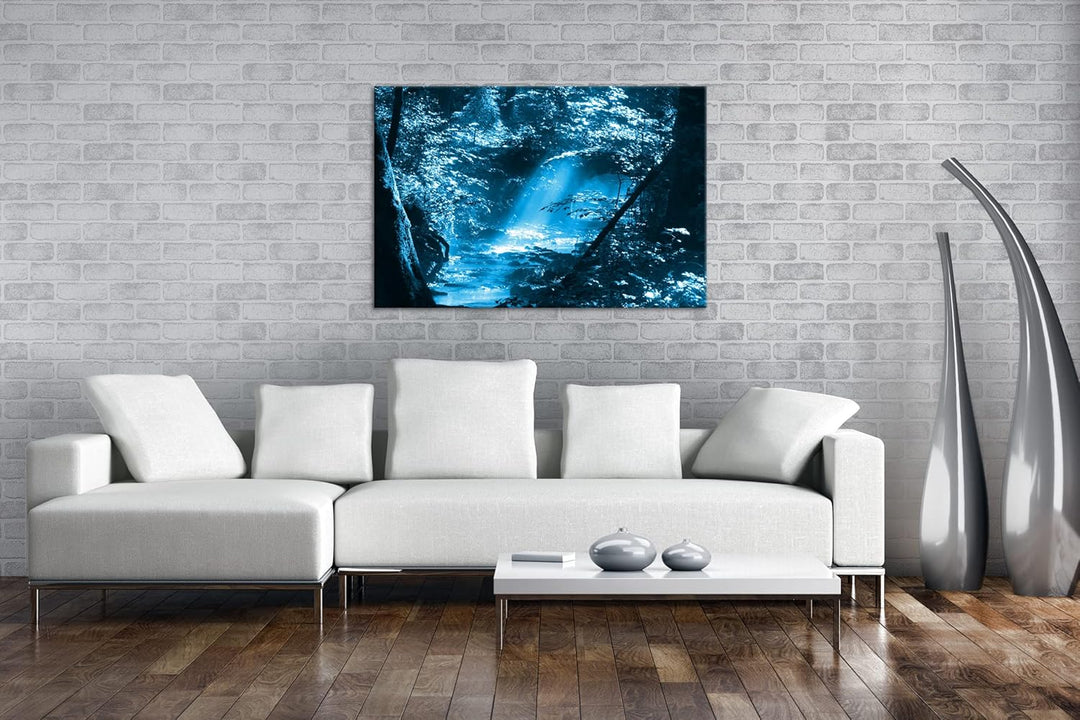deyoli kleiner Bach im Wald Format 100x70 Effekt: Monocrome Blau als Leinwandbild, Motiv fertig gera