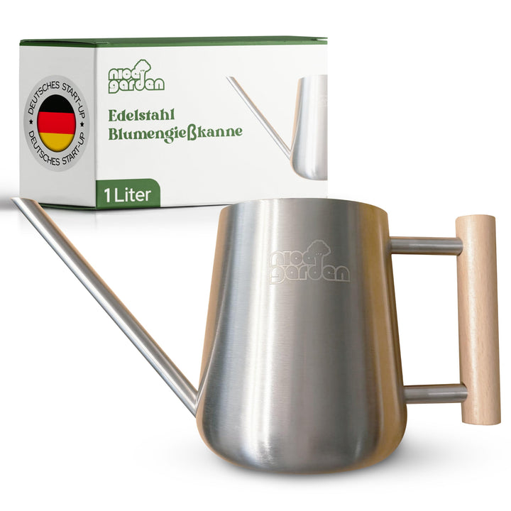 Edelstahl Giesskanne 1L | Design Blumengiesskanne mit Holzgriff | extra stabil & stilvoll | perfekt