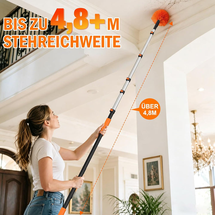 LAANPOLE 4,8m Staubwedel Teleskop Waschbar, Spinnenwebenentferner zum Reinigen, Spinnwebenbesen mit