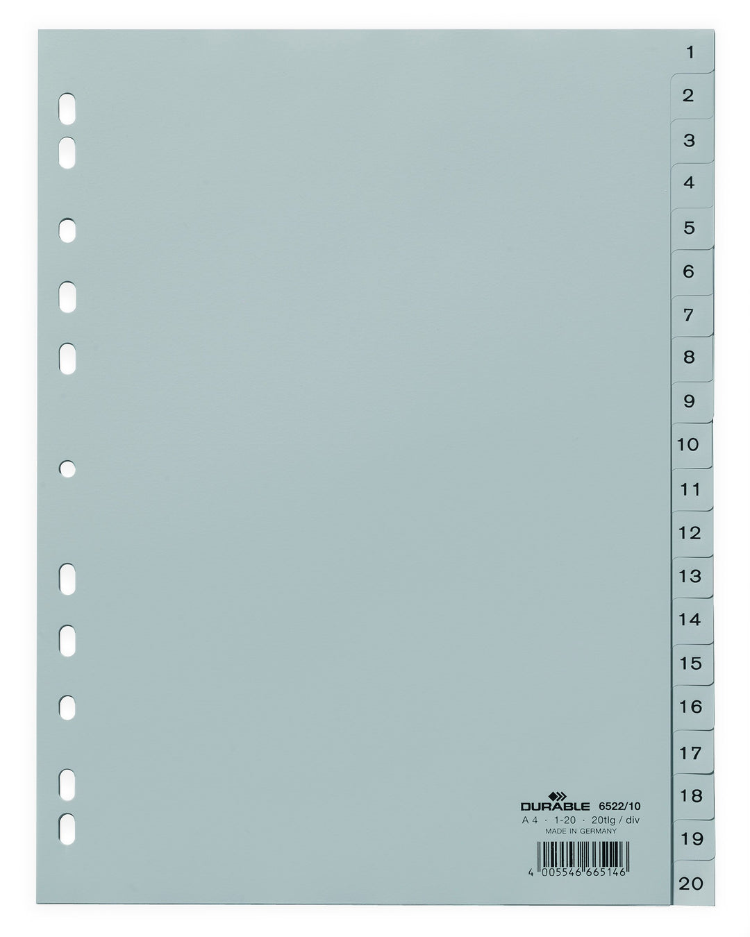 Durable Zahlenregister (A4, geprägte Taben 1-20, PP volldeckend) 20 Stück, grau, 652210, 1-20