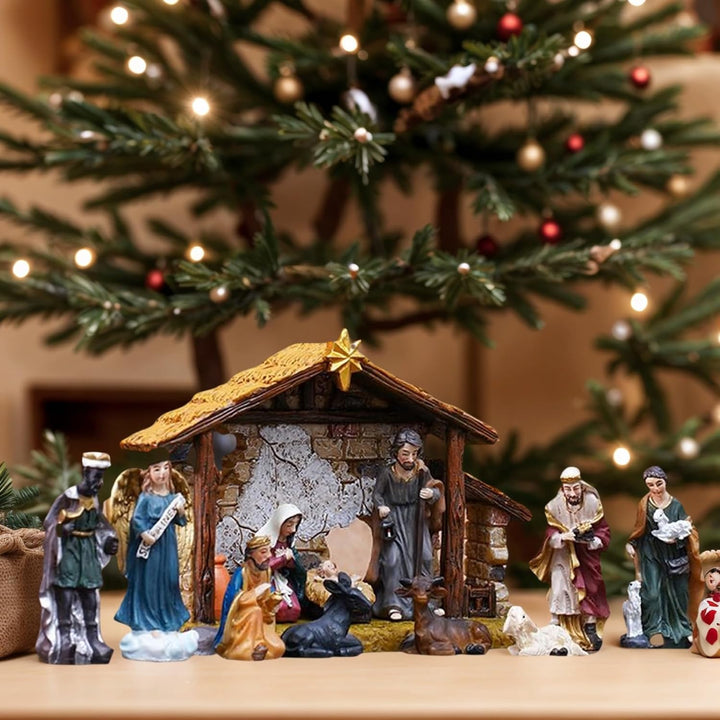 Generisch Krippenfiguren Set 12 Stück,Religiöse Jesus Geburt Skulpturen Resin | Katholisch Christlic