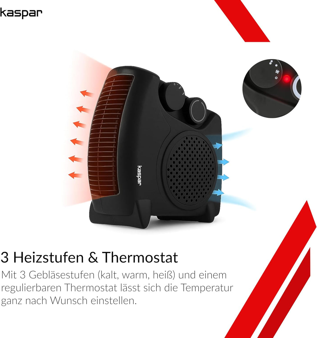 KASPAR Heizlüfter Klein Kompakt Thermoventilator Elektroheizer 1000 W 2000 W Mit Ventilatorfunktion