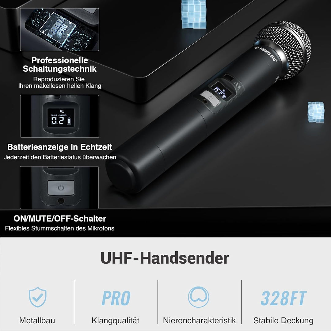 Phenyx Pro Drahtloses Mikrofonsystem, Dynamisches Funkmikrofon, 2x100 Einstellbare UHF Dual, Auto Sc