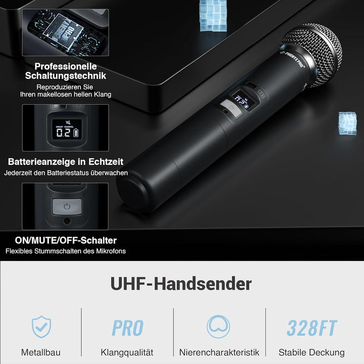 Phenyx Pro Drahtloses Mikrofonsystem, Dynamisches Funkmikrofon, 2x100 Einstellbare UHF Dual, Auto Sc