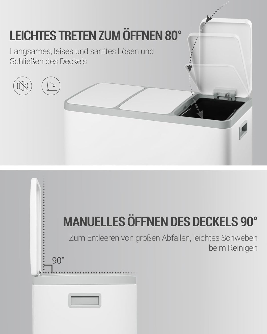 Hzuaneri Mülleimer Küche, Mülltrennsystem 3 Fächer 45L (3 x 15 L), Edelstahl-küchenmülleimer, Tretmü