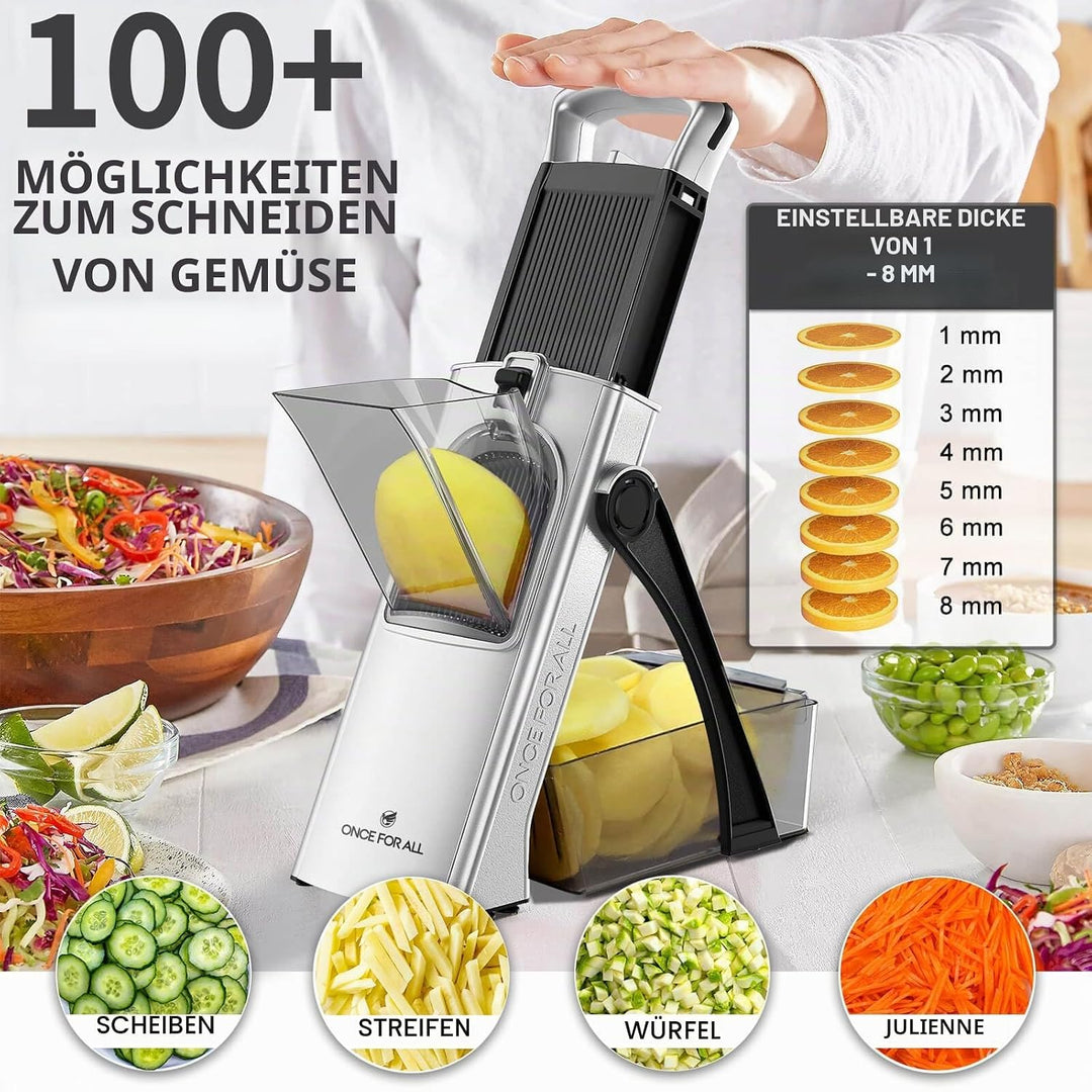 ONCE FOR ALL Upgrade Safe Mandoline Slicer Plus, grössere Grösse, verstellbarer Gemüse- und Lebensmi
