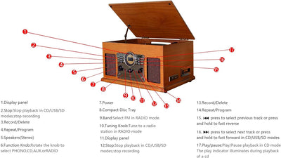 Plattenspieler 9-in-1 DAB Vinyl Turntable Vintage Holz mit Bluetooth/FM/Stereo-Lautsprecher/CD/MP3/K