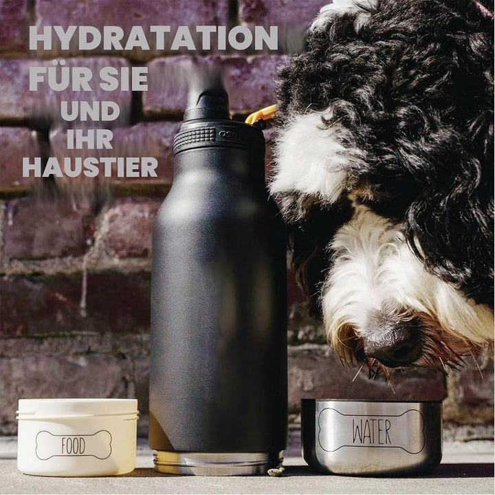 ASOBU - Dog Bowl Buddy - Edelstahlflasche mit 2 Näpfen Schwarz Schwarz., Schwarz.