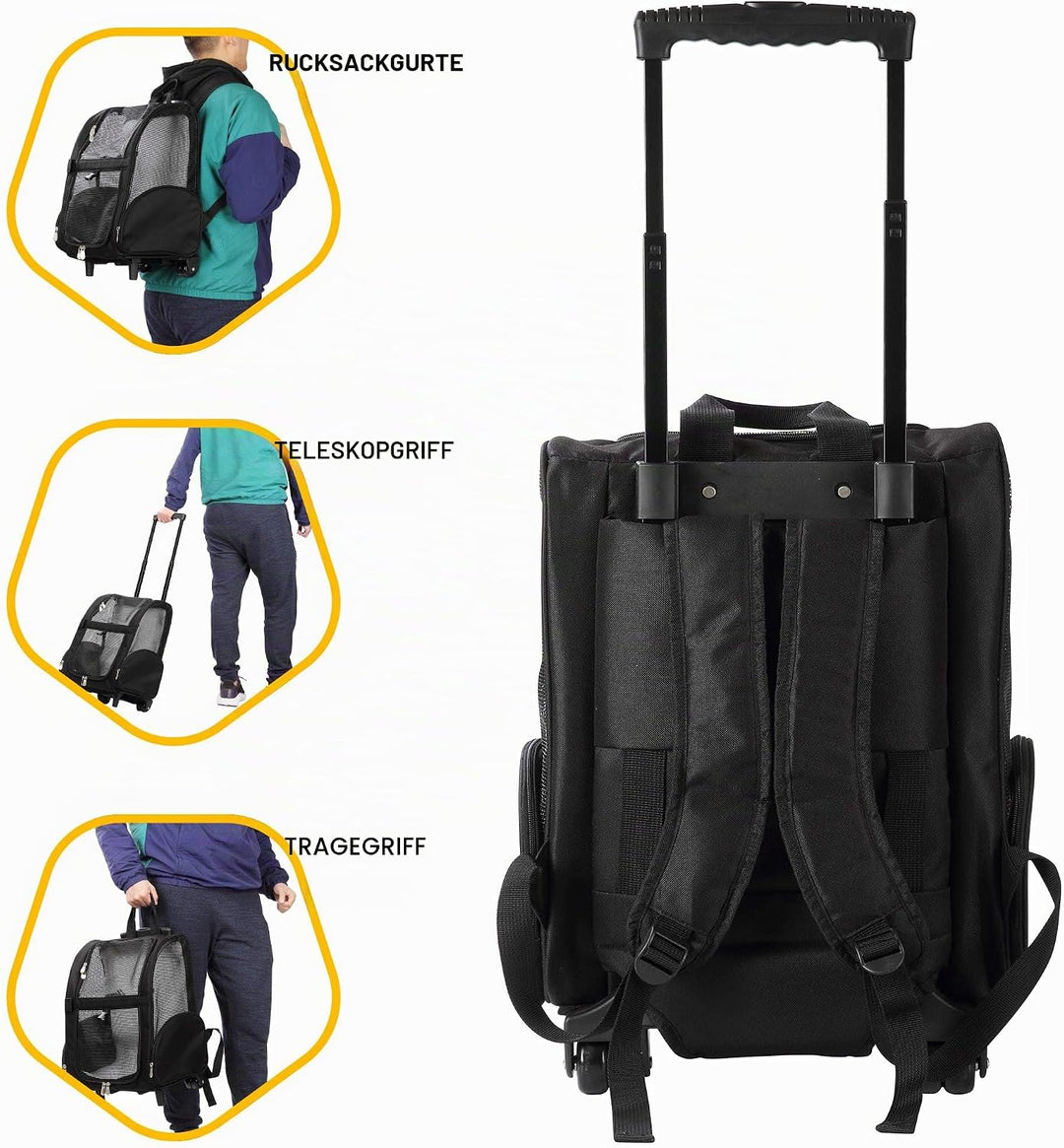 Kopeks Deluxe-Rucksack/Reisetasche für Haustiere mit Doppelrollen, Large, schwarz 1 Stück (1er Pack)