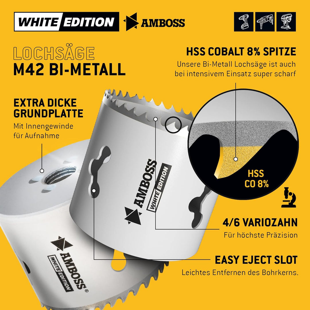 Amboss M 42 Bi-Metall Lochsägen Set Ø 19-83 mm (17-teilig) / Für Aluminium, Stahl, Gipskarton, Holz
