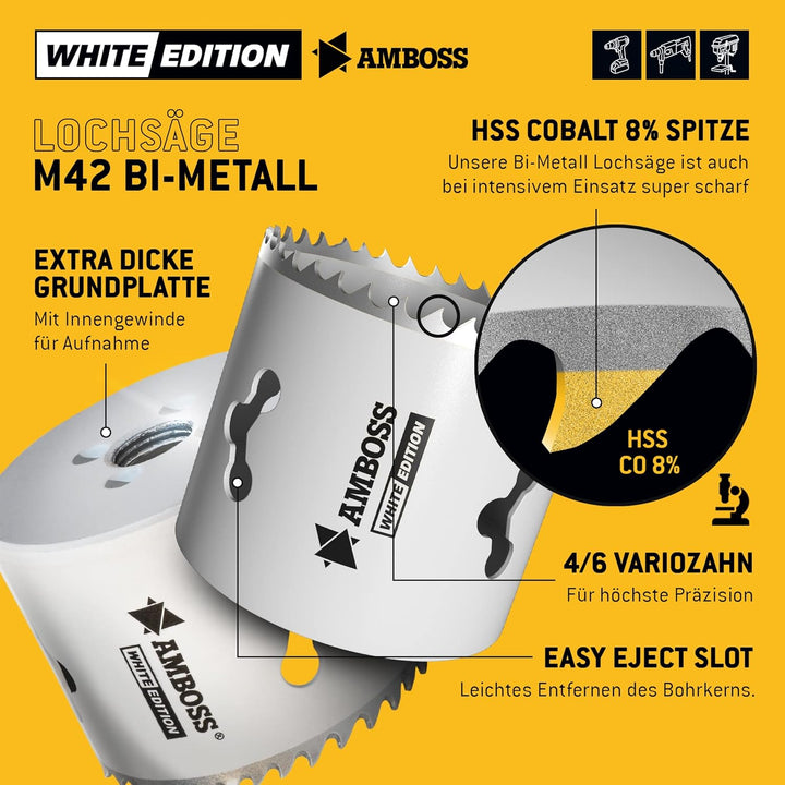Amboss M 42 Bi-Metall Lochsägen Set Ø 19-83 mm (11-teilig) | Für Aluminium, Stahl, Gipskarton, Holz