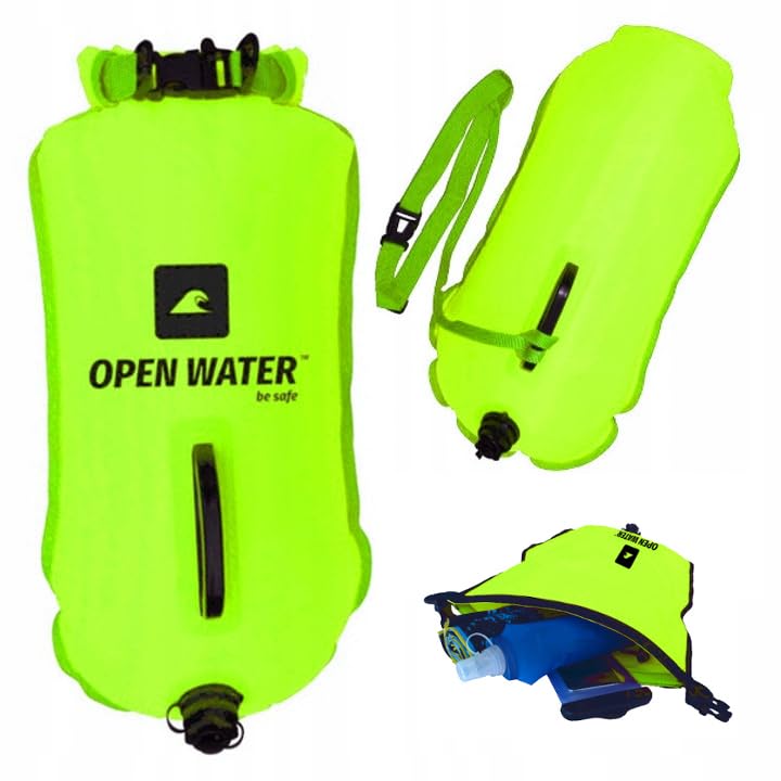 OPENWATER aufblasbare Schwimmboje XL — grosse Sicherungsboje mit Tasche für Dinge 28L Neongrün