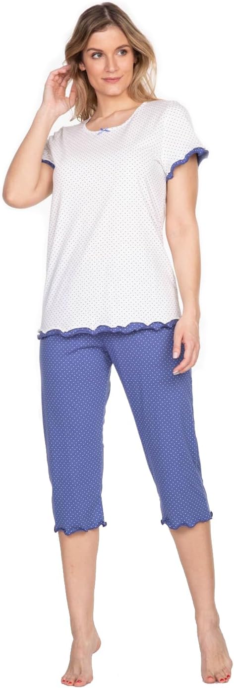 e.FEMME Damen Schlafanzug Marion 310, Kurzarm, aus 50% Baumwolle und 50% Modal, Ecru/ Jeans Gepunkte