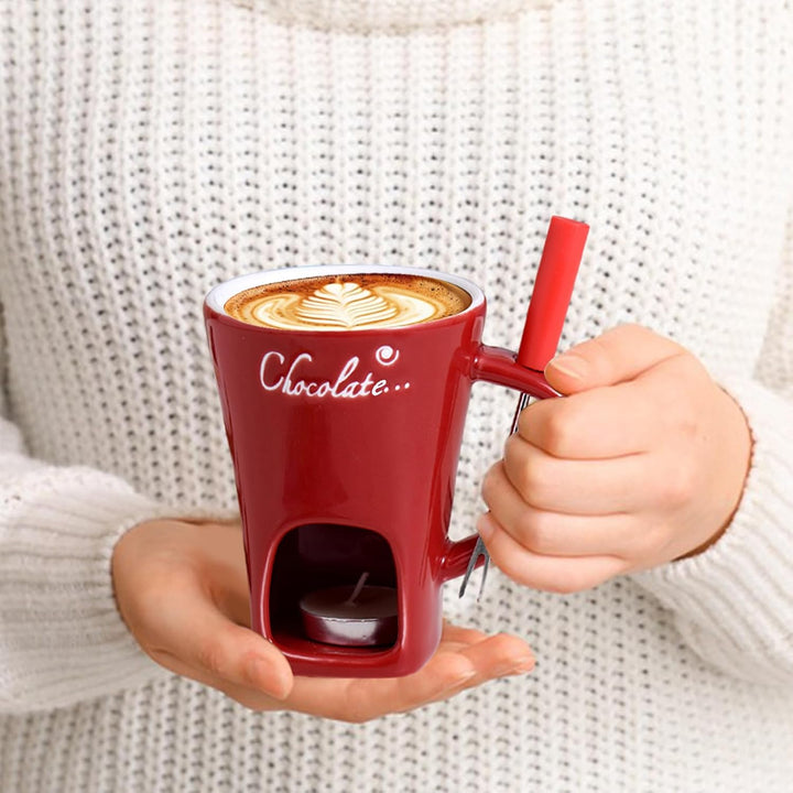 Generisch Schokofondue Tasse - 200 ml Keramik Schokoladenfondue Tasse, Schoko Fondueset mit Gabel un