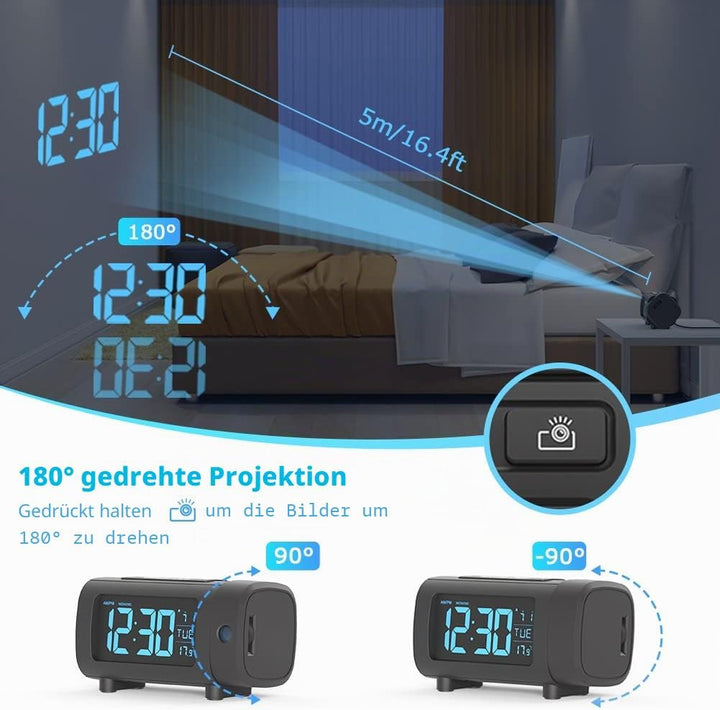 LIORQUE Projektionswecker Radiowecker Digital Wecker mit Radio Snooze Wochenendmodus Temperatur USB