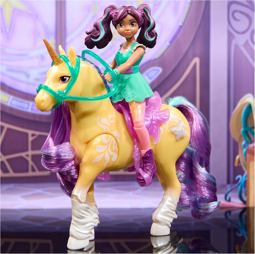 Unicorn Academy Set - Ava und Pflanzen-Magie Leaf mit echter Mähne und Schweif sowie magischer Leuch