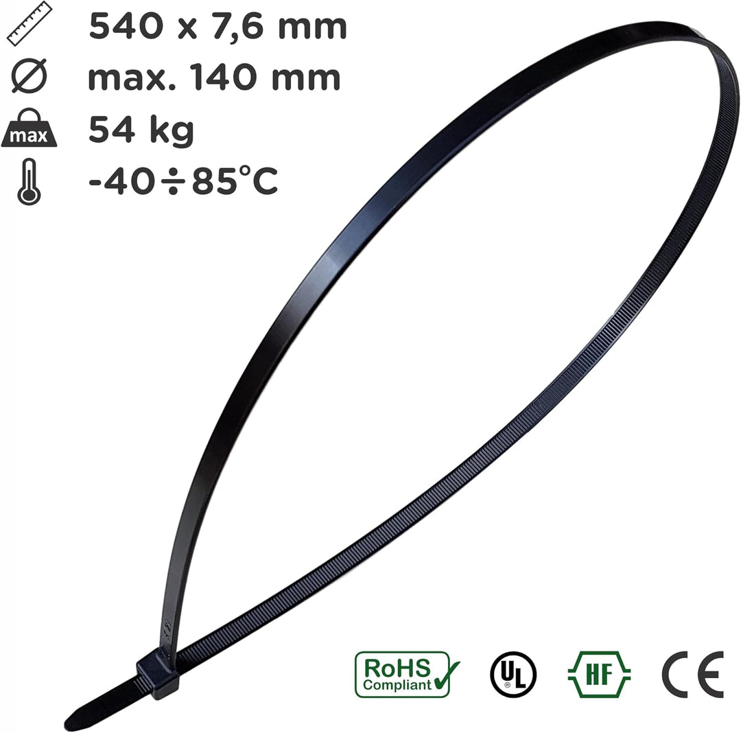 intervisio Kabelbinder extra Lang 540mm x 7,6mm, Profi hochwertige Industrie-Qualität, schwarz, 100