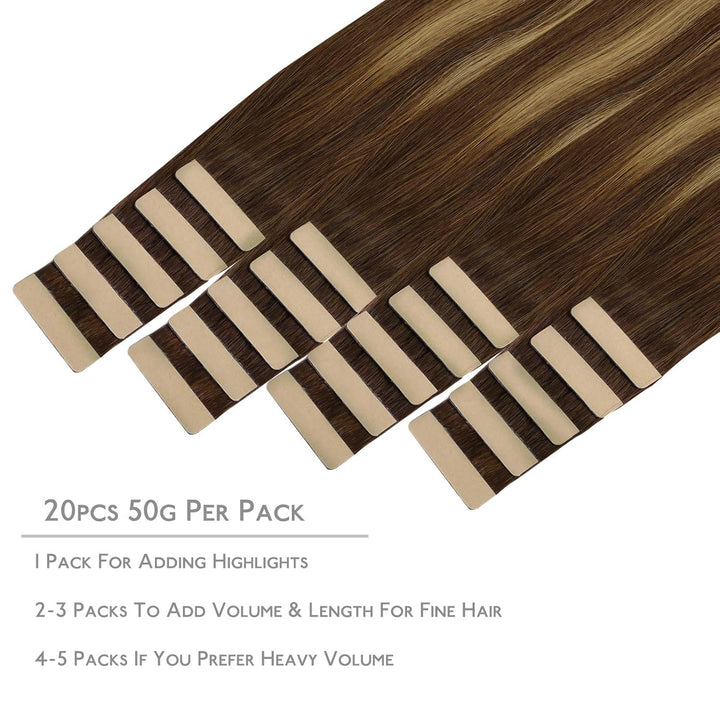 WENNALIFE Tape Extensions Echthaar, 20pcs 40g 30cm 12 Zoll Balayage Schokoladenbraun bis Karamellblo