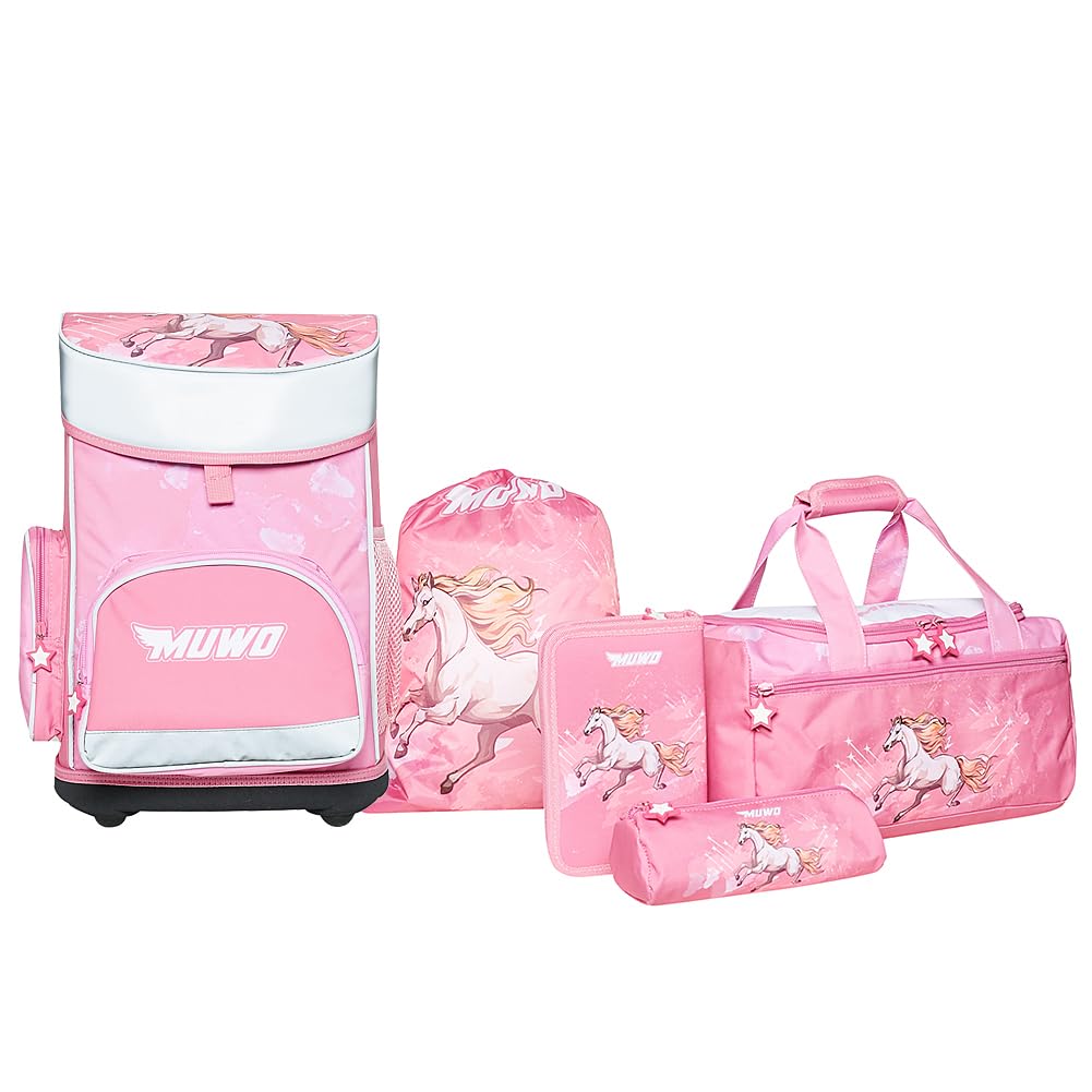 MUWO Kinder Schulranzen Set 5tlg. ergonomischer Leichter Schulrucksack mit Sporttasche, Turnbeutel,