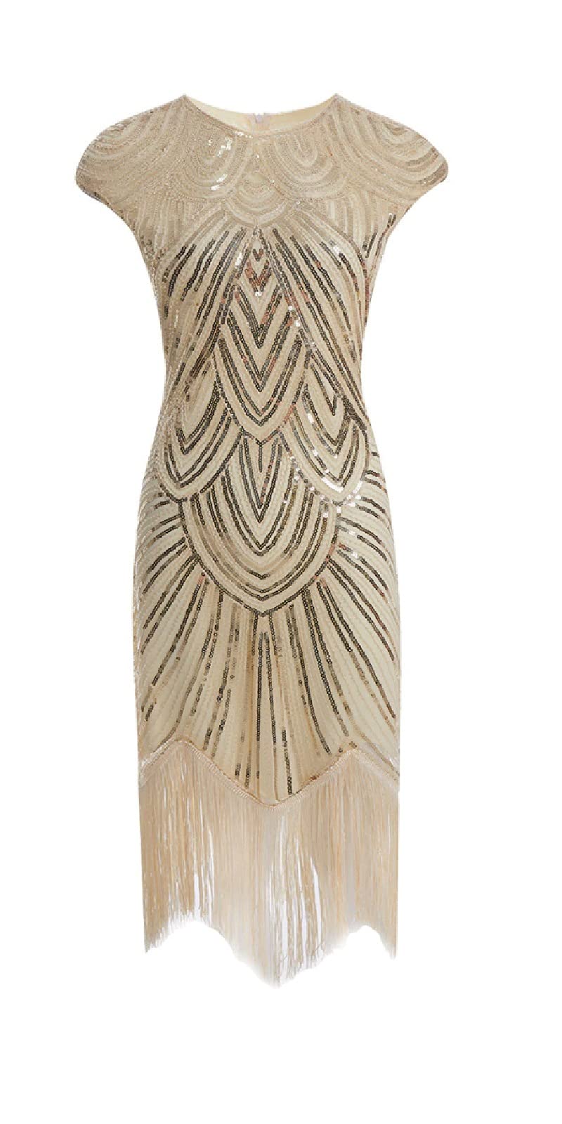 MIMIKRY 20er Jahre Charleston Pailletten Kleid Creme/Gold mit Fransen Flapper Damen-Kostüm, Grösse:X