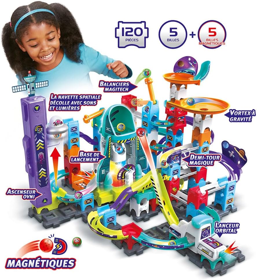 VTech - Marble Rush, Elektronische Kugelbahn, Space Magnetic Mission Set XL300E, magnetisches Bauspi