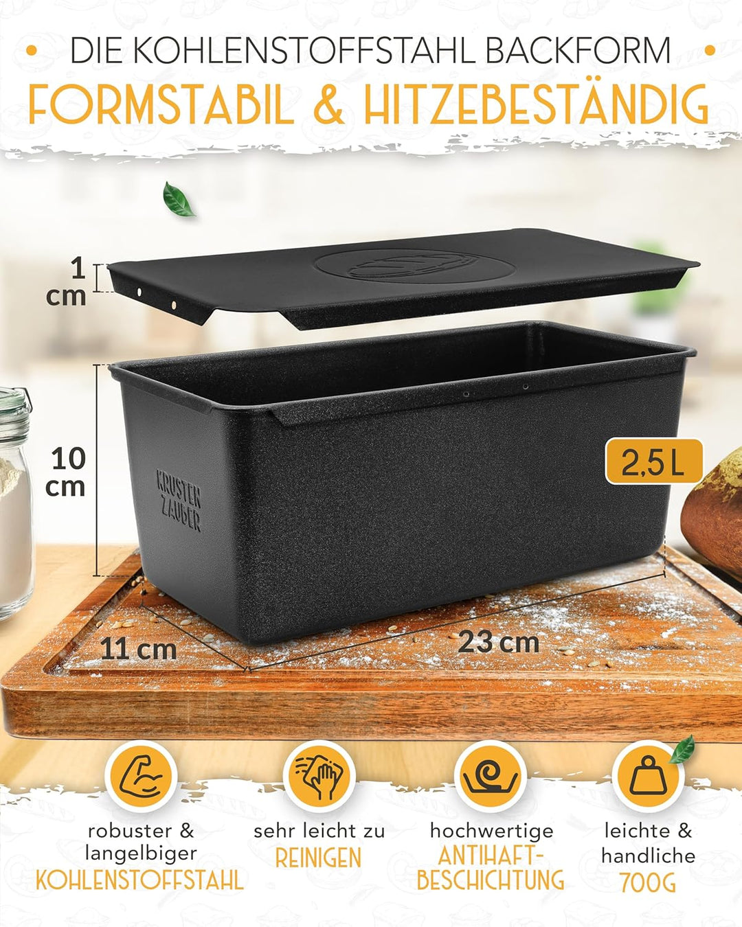 KRUSTENZAUBER Brotbackform mit Deckel – Kastenform Brot aus Kohlenstoffstahl für perfekte Hitzeverte