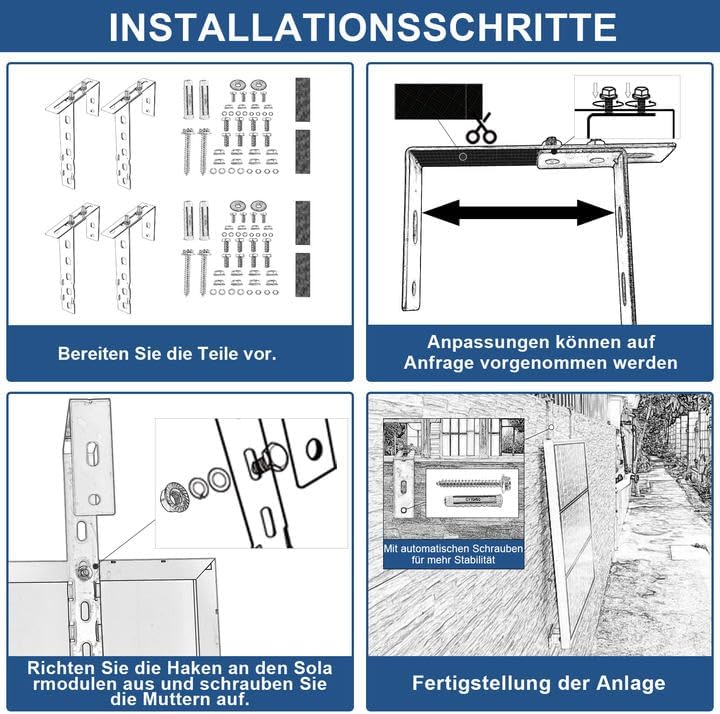 SZ-KARIDGE 4PCS Einstellbar Solarpanel Halterung Haken Balkon Behozel Balkonhaken Solarpanel Halteru