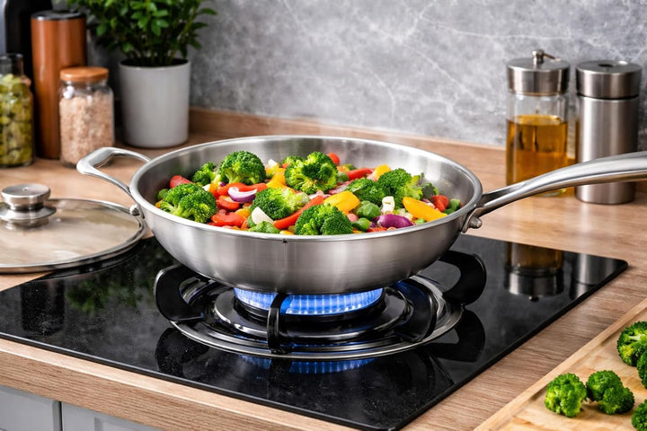 Edelstahl Wokpfanne 32 cm mit Glasdeckel – Ohne Beschichtung – für Induktion & Gas – für alle Herdar