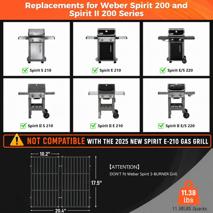 QuliMetal Grillroste für Weber Spirit 200 und Spirit II 200 Serie, 44,5 x 25,9 cm, 2er Set, passend
