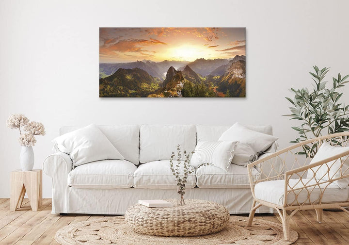 XXL Leinwandbild 115x55cm Berge Sonnenuntergang Bild Berglandschaft Kunstdruck Deko Wanddeko Variant
