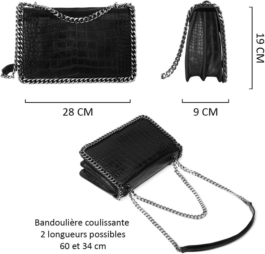 CRAZYCHIC - Damen Kette Umhängetasche - Kroko PU Leder Gesteppte Klappe Schultertasche - Steppmuster