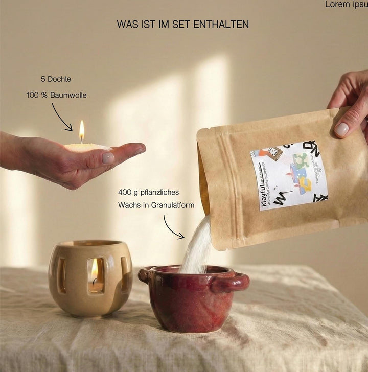 KLAYFUL Kerzensand mit Docht 400g Kerzenwachs Perlen aus pflanzlichem Wachs – Einfaches Candle Makin