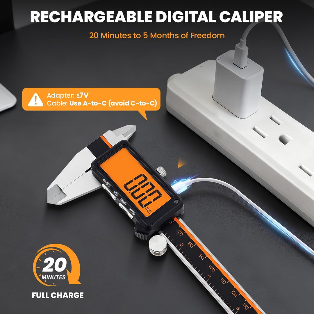 HARDELL Digital Caliper, Rechargeable Digital Caliper with Large Orange Screen - Anti-Glare LCD & AB