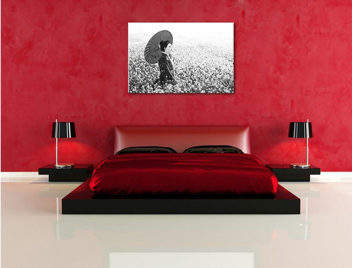 Pixxprint Geisha auf dem Feld Kunst B&W, Format: 100x70 auf Leinwand, 100x70