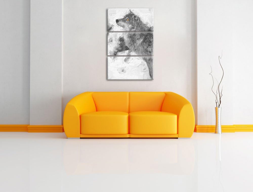 schöner Wolf im Schnee schwarz/weiss Deluxe 3-Teiler Leinwandbild 120x80 Bild auf Leinwand, XXL ries