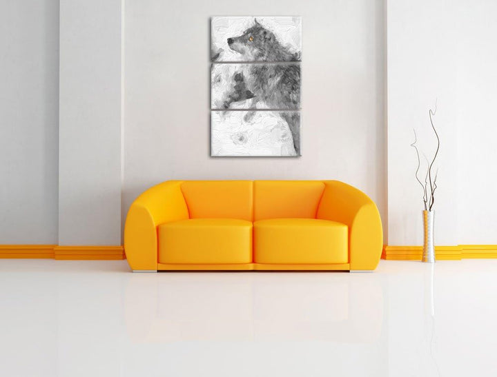 schöner Wolf im Schnee schwarz/weiss Deluxe 3-Teiler Leinwandbild 120x80 Bild auf Leinwand, XXL ries