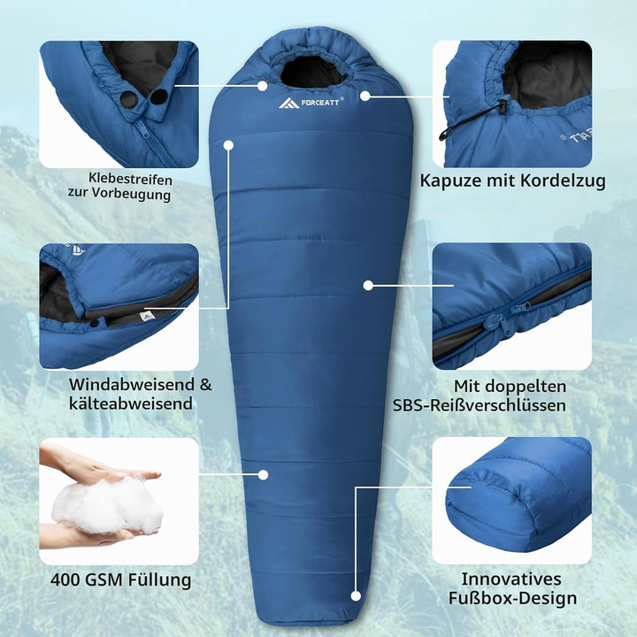 Forceatt Schlafsack -10°C~15°C 4 Jahreszeiten, Mumienschlafsack Winter für Erwachsene Wasserdicht, S