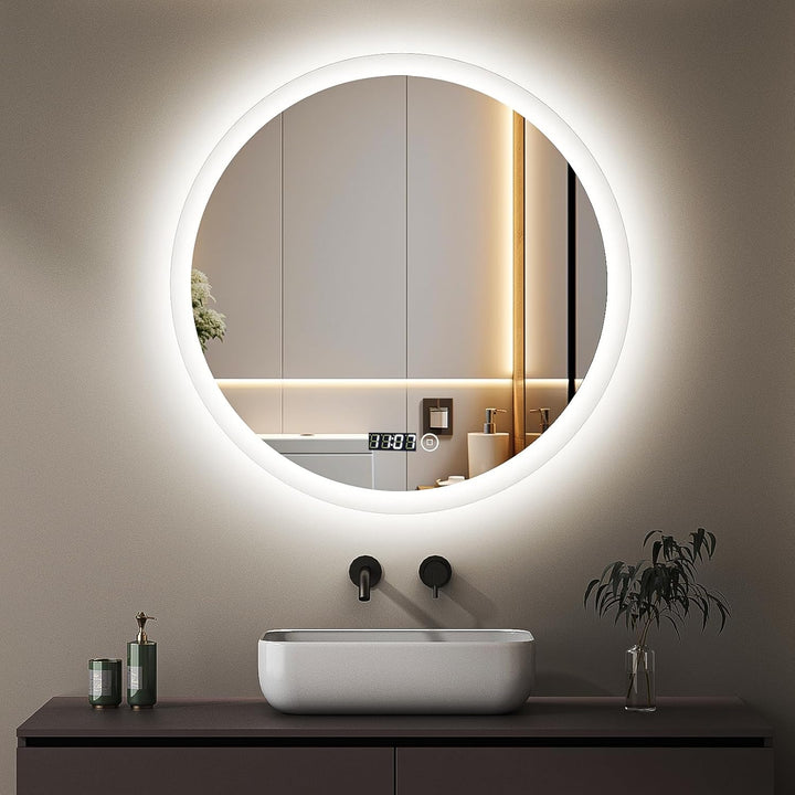 Boromal Badspiegel Rund 60cm Badezimmerspiegel mit Uhr und Beleuchtung 3 Lichtfarbe Dimmbar 3000-650